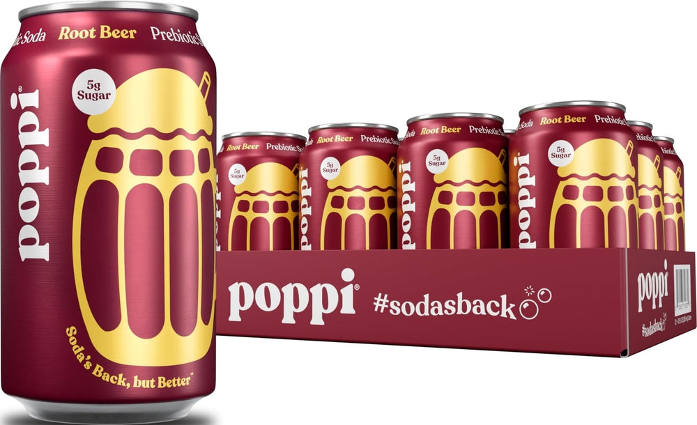 Poppi root beer paquete de 12 latas mostrando el frente y conveniencia