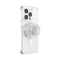 PopSockets agarre MagSafe frontal mostrando diseño Clear Glitter y sujeción segura