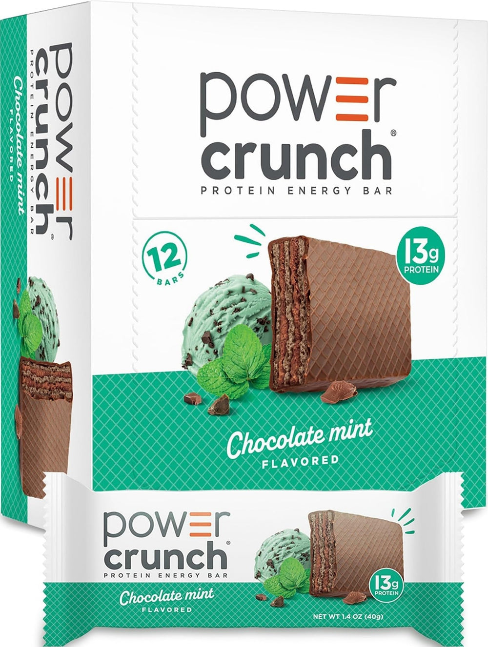 Power Crunch frente del empaque mostrando 12 barras y diseño atractivo