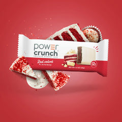 Power Crunch primer plano del relleno cremoso mostrando sabor a cream cheese y cacao rojo