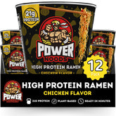 Power Noods vaso frontal mostrando la etiqueta y beneficios proteicos