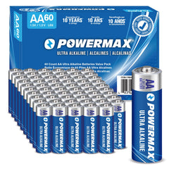 Powermax paquete frontal 60 pilas AA mostrando ventaja de cantidad