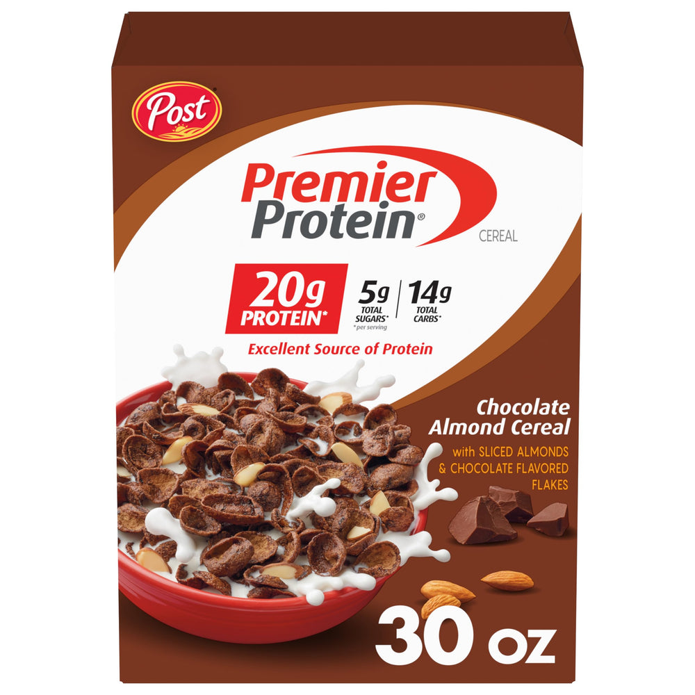 Premier Protein caja frontal mostrando sabor chocolate y almendra, ideal para desayuno proteico