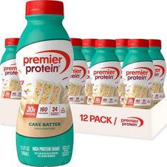 Premier Protein botella frontal Cake Batter mostrando etiqueta y beneficio proteína alta