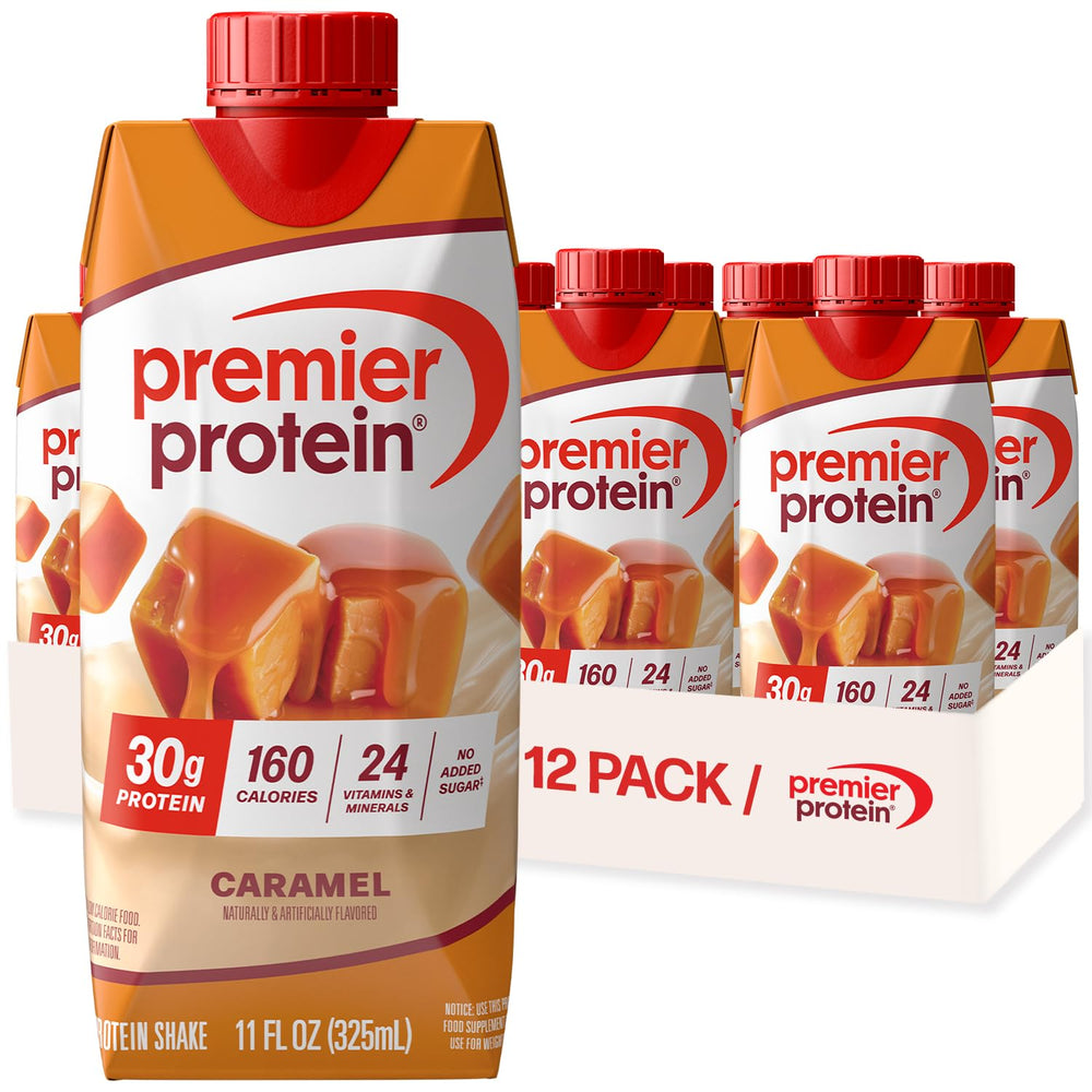 Premier Protein caramel front packaging showing carton and flavor, quick grab-and-go benefit