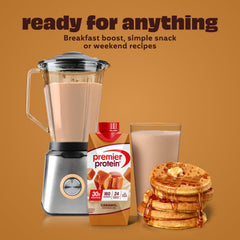 Premier Protein caramel shake texture and color close-up showing creamy appearance and taste benefit
