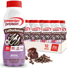 Premier Protein botella frontal mostrando etiqueta y beneficio alto en proteína