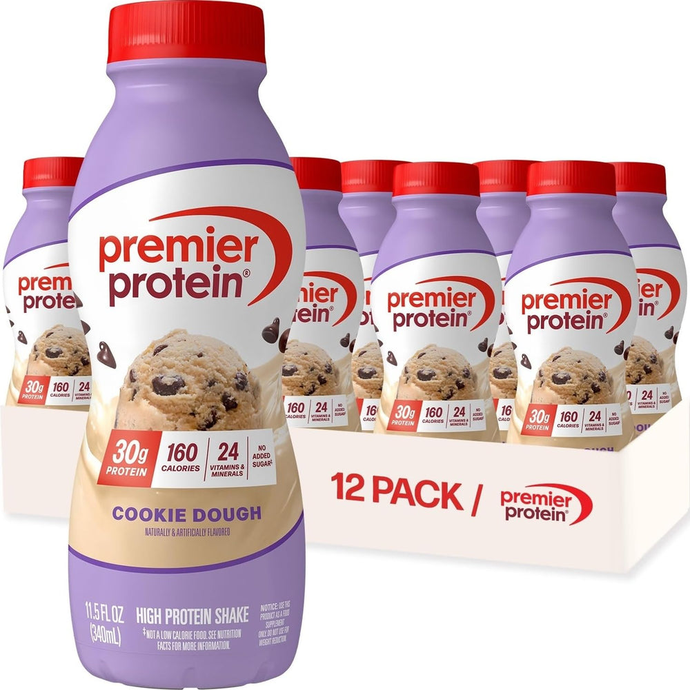Premier Protein botella Cookie Dough frente mostrando diseño y tamaño portable