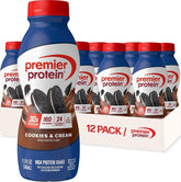 Premier Protein botella frontal pack de 12 mostrando etiqueta y sabor Cookies & Cream