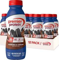 Premier Protein botella frontal pack de 12 mostrando etiqueta y sabor Cookies & Cream