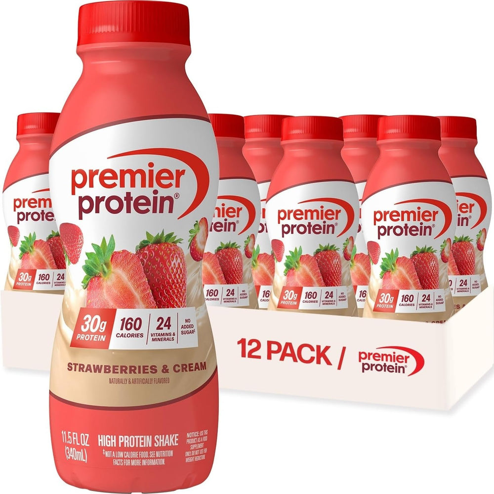 Premier Protein pack frontal Fresas & Crema mostrando conveniencia y sabor