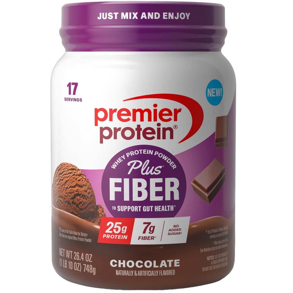 Premier Protein envase frente mostrando sabor chocolate y porciones, beneficio nutricional claro