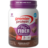 Premier Protein envase frente mostrando sabor chocolate y porciones, beneficio nutricional claro