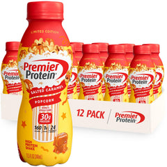 Premier Protein botella frontal edición limitada con sabor caramelo salado y palomitas, práctico y alto en proteína