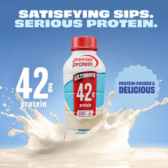 Premier Protein vertido cremoso demostrando textura y sabor tipo batido