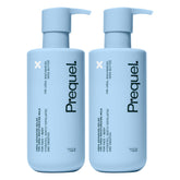 Prequel loción frontal pack doble mostrando envases y beneficio hidratación
