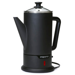 Presto front view of matte-black stainless percolator showing sleek design and quick brewing benefit