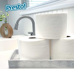Presto! comparativa de tamaño de mega rollo frente a rollo regular mostrando mayor duración