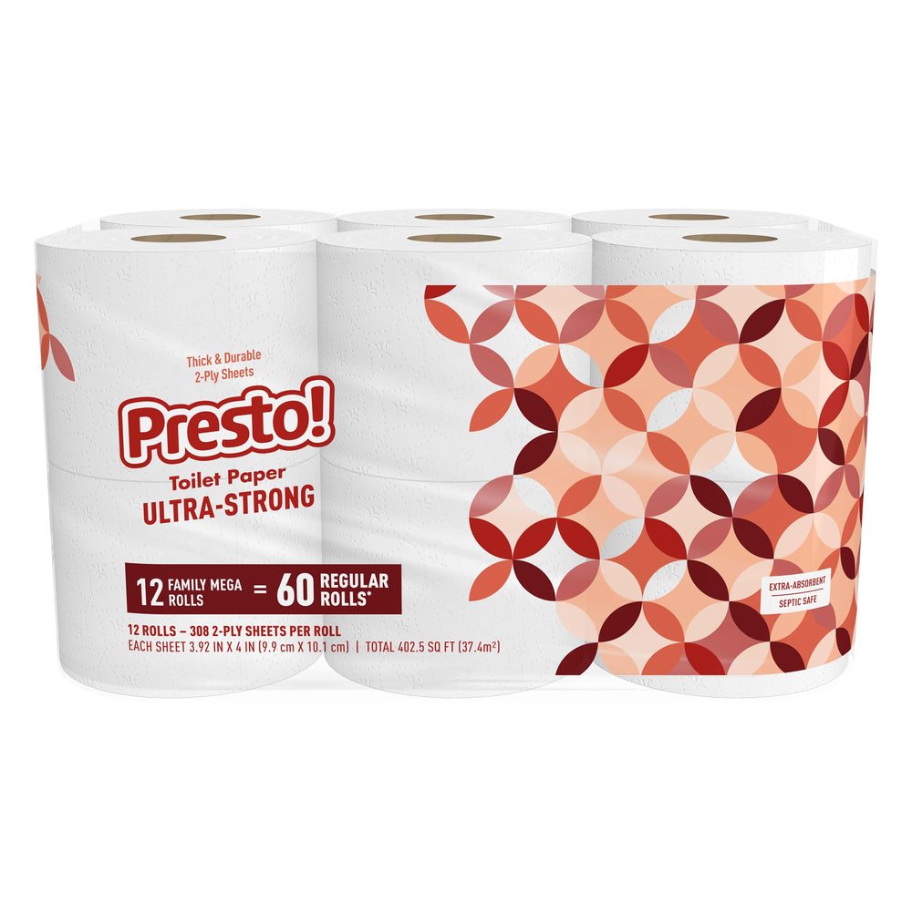 Presto! empaque frontal mostrando 12 mega rollos y ahorro