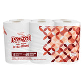 Presto! empaque frontal mostrando 12 mega rollos y ahorro