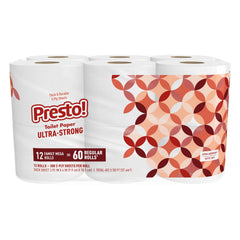 Presto! empaque frontal mostrando 12 mega rollos y ahorro