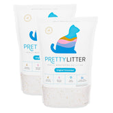 PrettyLitter frente del empaque mostrando pack doble y beneficio de bajo mantenimiento