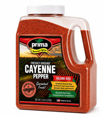 Prima Spice envase frontal de 5 lb mostrando el etiquetado y conveniencia