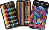 Prismacolor front view of open tin case showing 24 pencils and easy selection benefit