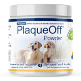 ProDen PlaqueOff envase frontal mostrando la presentación 180g y beneficio dental
