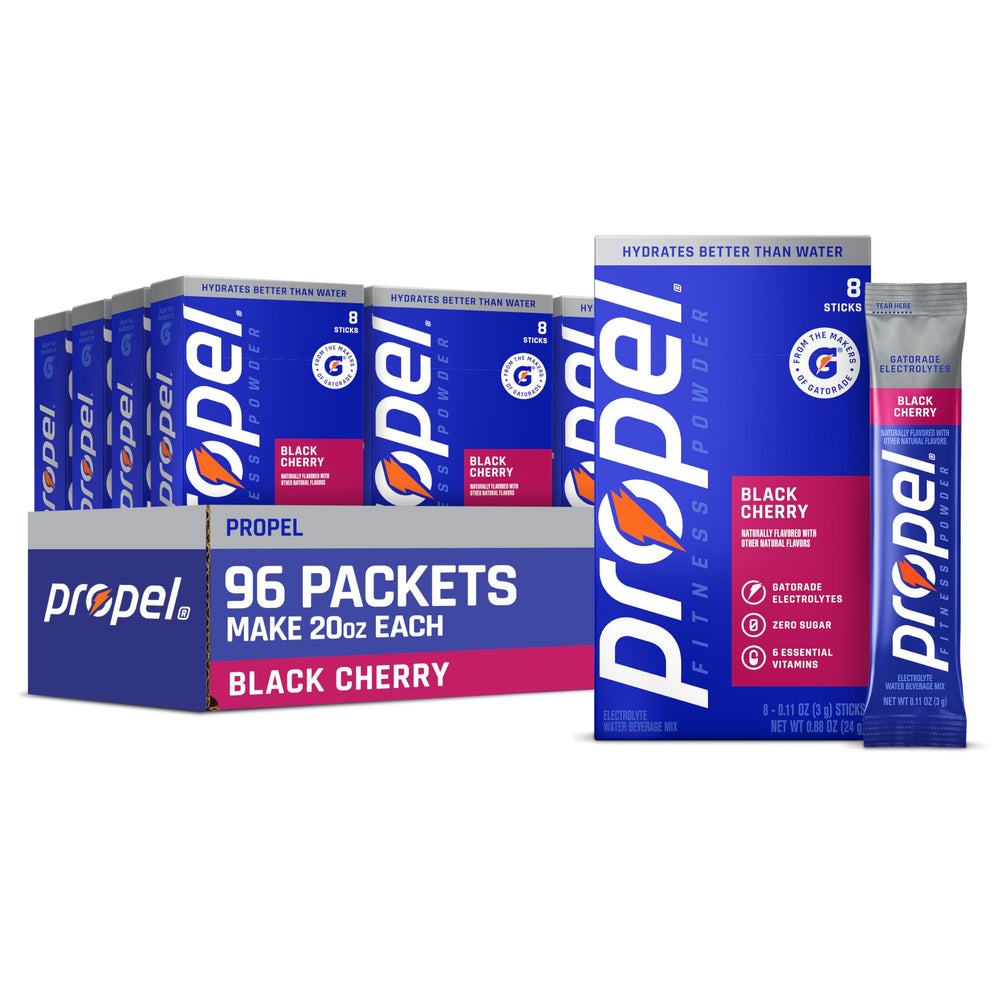 Propel Black Cherry frontal con sobres mostrados y fácil transporte
