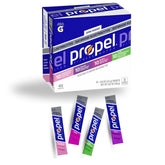 Propel frente del embalaje con 40 sobres y variedad de sabores, conveniencia visible