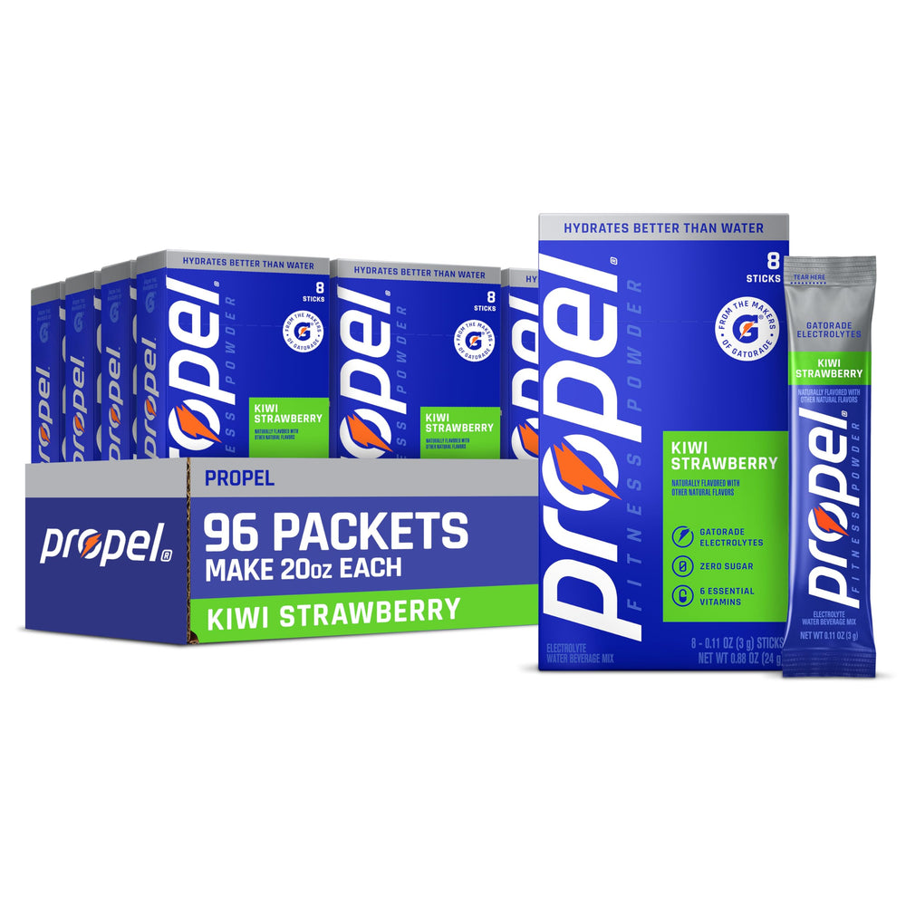 Propel envase frontal kiwi fresa mostrando 96 sobres y beneficios de hidratación