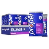 Propel envase frontal con 96 sobres uva mostrando el embalaje y conveniencia