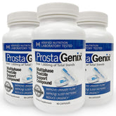 ProstaGenix paquete frontal mostrando tres frascos y beneficio de apoyo prostático