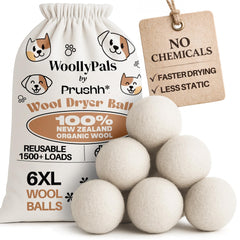 Prushh WoollyPals frontal del paquete mostrando seis bolas blancas y beneficio ecológico