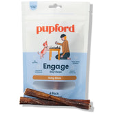 Pupford empaque frontal mostrando 4 bully sticks, práctico y conveniente