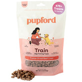 Pupford envase frontal de Treats de hígado de res mostrando tamaño y marca