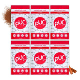 PUR Gum cinnamon front packaging showing 6x55 bags and spicy flavor benefit