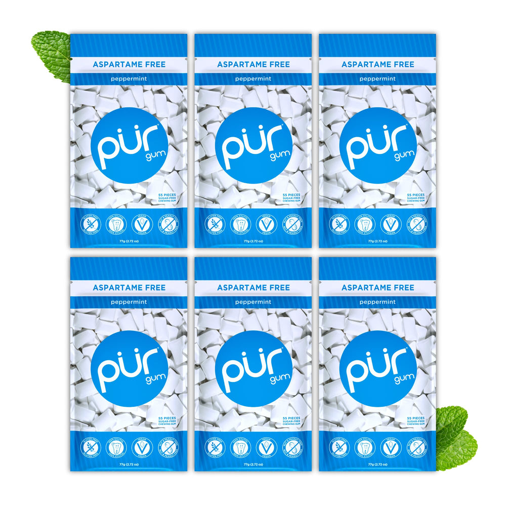 PUR Gum front packaging showing 6 resealable peppermint bags for easy freshness