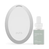 Pura difusor mini blanco vista frontal muestra diseño compacto y elegante