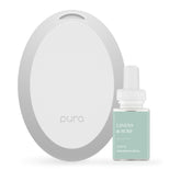 Pura difusor mini frontal en baño mostrando diseño compacto y elegante