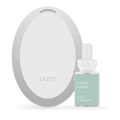 Pura difusor mini frontal en baño mostrando diseño compacto y elegante