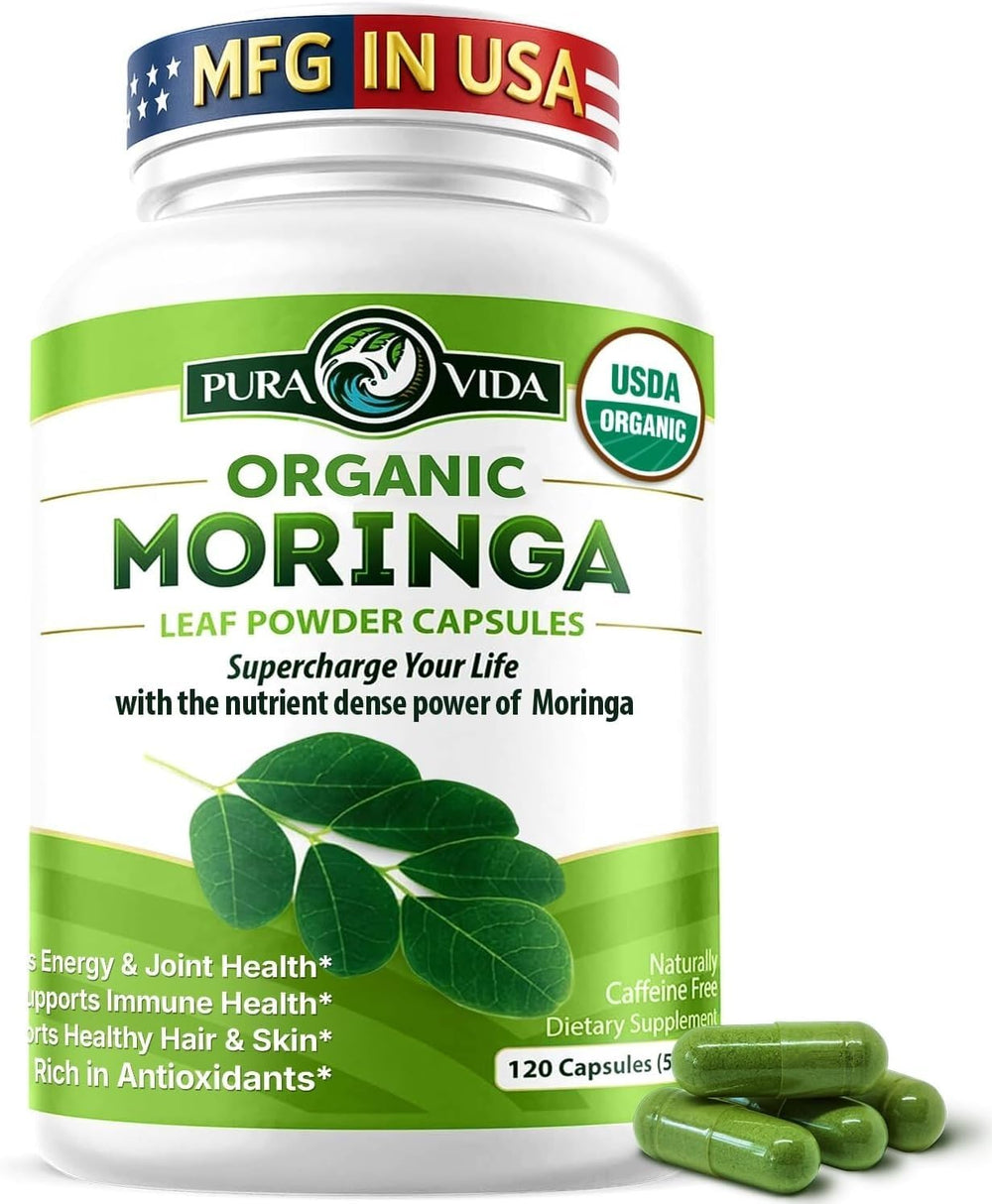 Pura Vida Moringa frasco frontal, presentación clara y sello orgánico