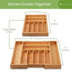 Organizador Purawood dentro de un cajón de cocina manteniendo cubiertos organizados