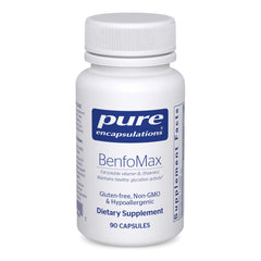 Pure Encapsulations frasco BenfoMax frontal mostrando 90 cápsulas y beneficios
