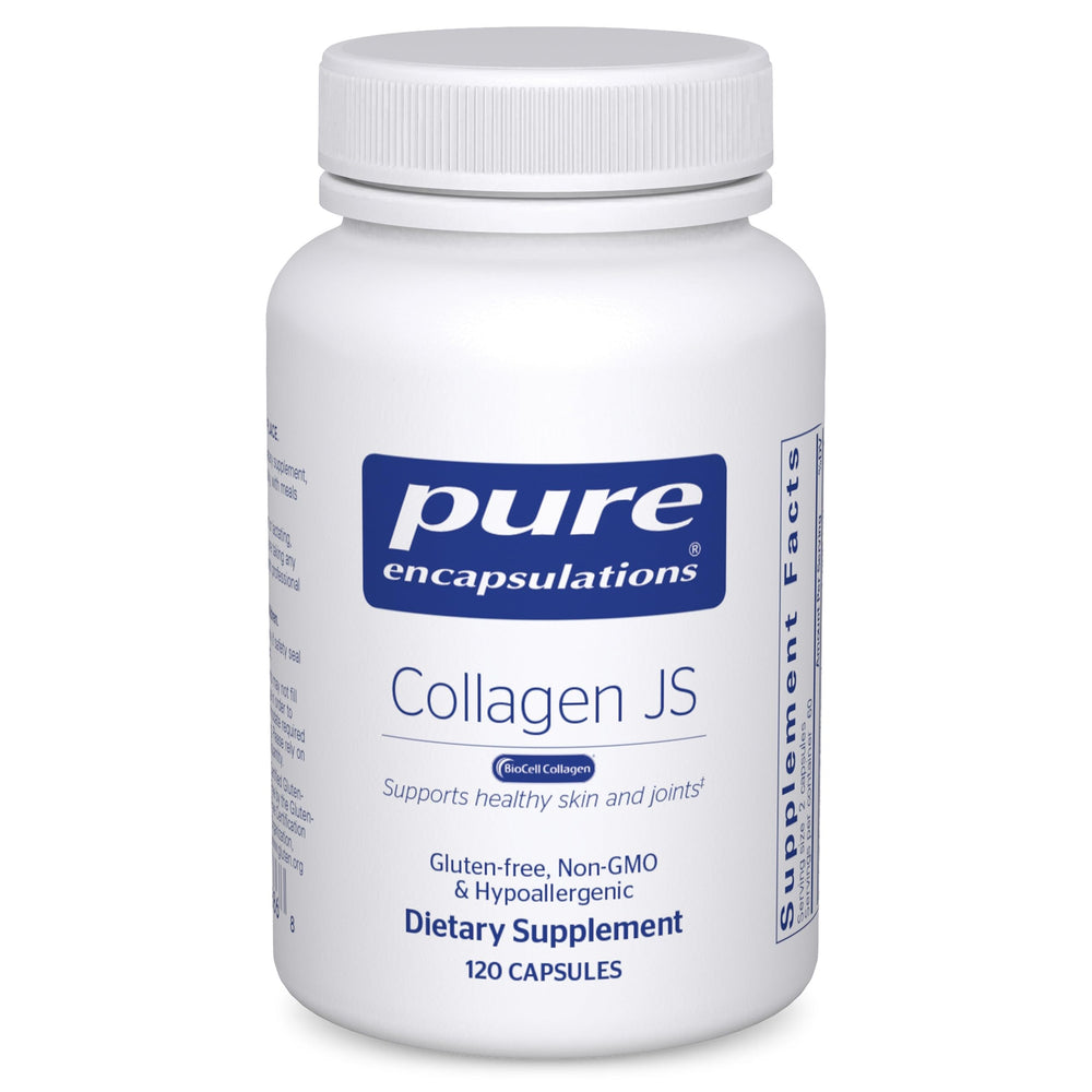Pure Encapsulations botella frontal mostrando Collagen JS y beneficio de soporte articular