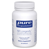 Pure Encapsulations frasco delantero NR Longevity mostrando etiqueta clara y beneficios