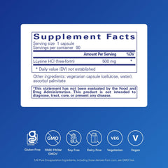 Pure Encapsulations L-Lysine primer plano de una cápsula mostrando textura