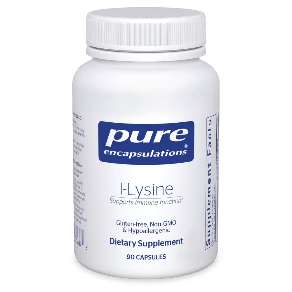 Pure Encapsulations L-Lysine vista frontal del envase y cantidad visible
