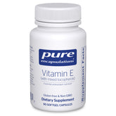 Pure Encapsulations frasco de vitamina E mostrando etiqueta y pureza